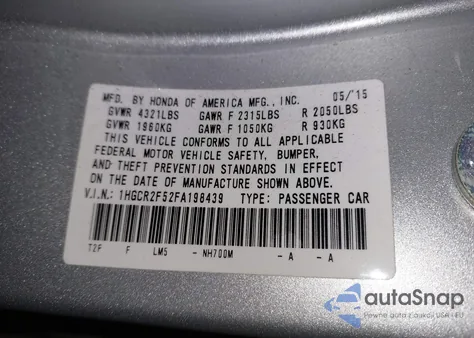2015 Honda Accord Sport from USA, damaged, VIN 1HGCR2F52FA198439